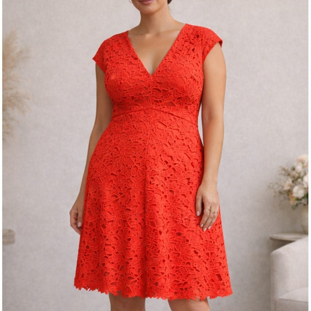 Banana Republic Red Lace Dress Sz 10 M Fit Flare V Neck Lined Eyelet Floral Boho